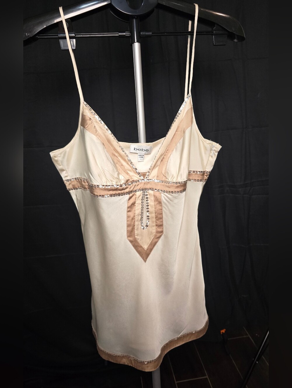 bebe Champagne-Beige Satin Beaded Cami Top